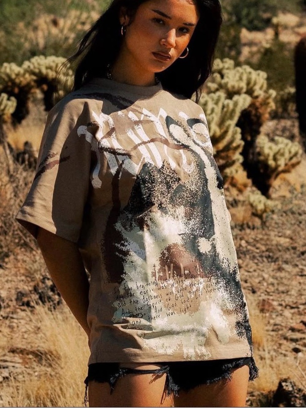Relaxed Beige Graphic Short-Sleeve Tee with with Scripture print
